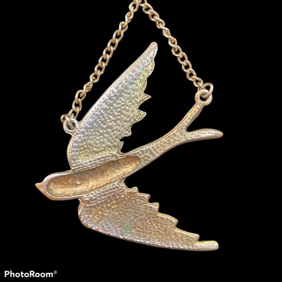 Gold and Ivory Enamel Flying Peace Dove Bird with Rhinestones Necklace - Picture 4 of 6